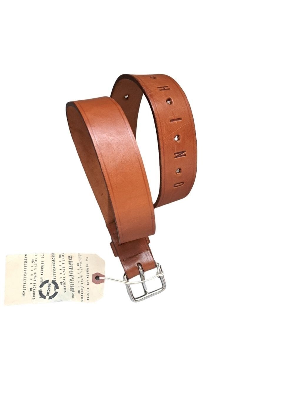 VTG MOSCHINO JEANS brown strap leather belt embossed cut out hearts heavy buckle